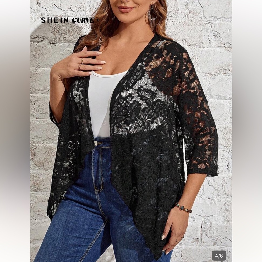 Black Lace Open-Front Kimono Cardigan